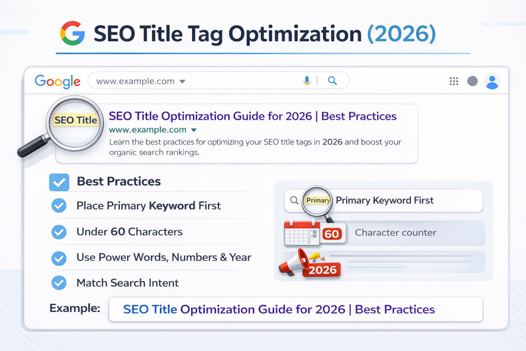 Guide to writing SEO-friendly title tags including primary keyword first, under 60 characters, and using power words.