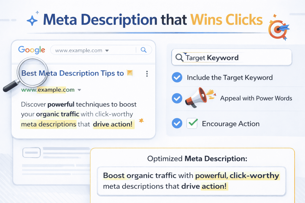 Guide to writing click-worthy meta descriptions with keywords, persuasive words, and action-driven messaging.